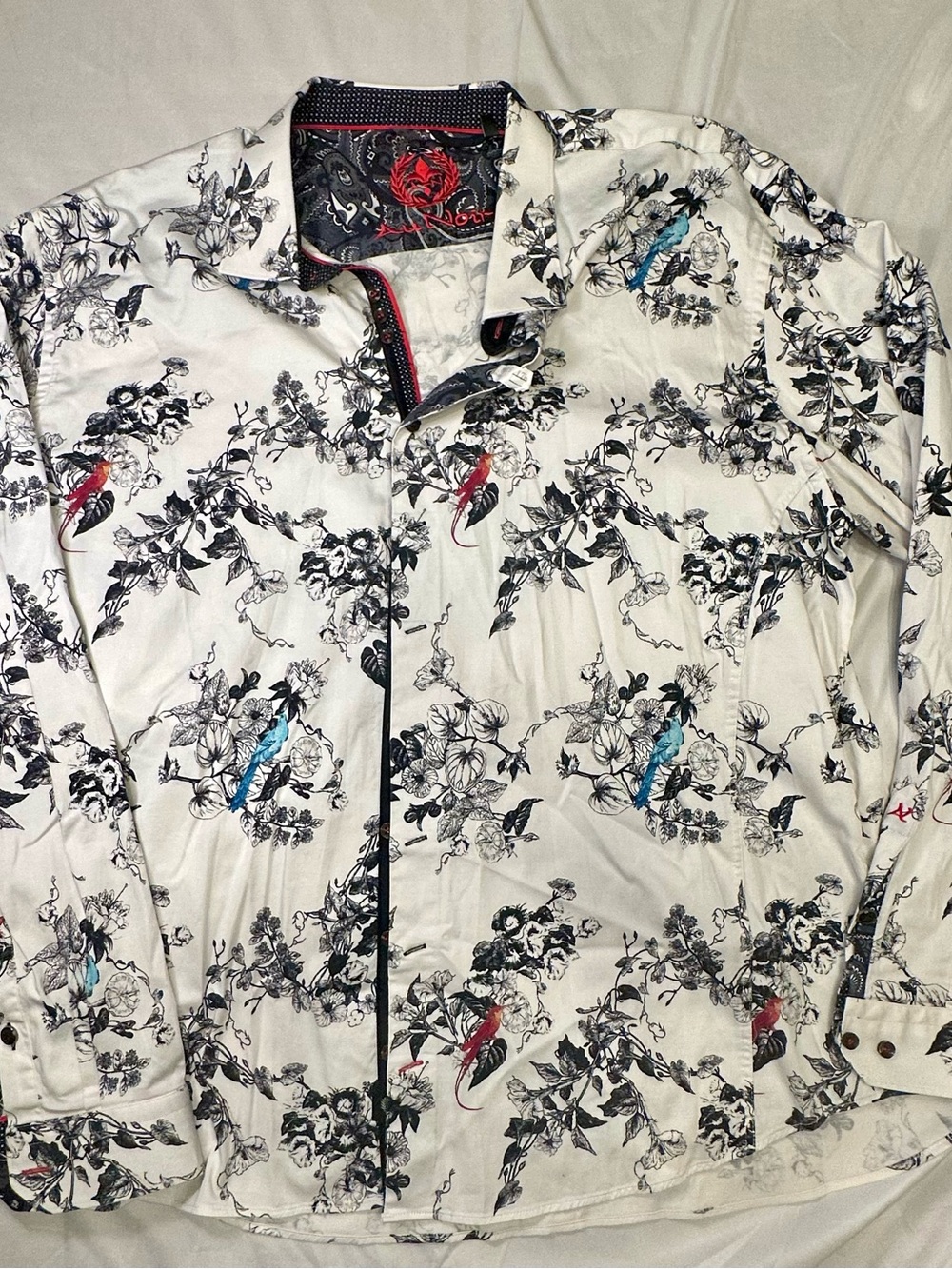 Au Noir Men's White Floral Button-Down Shirt with Colorful Bird Accents SZ XL